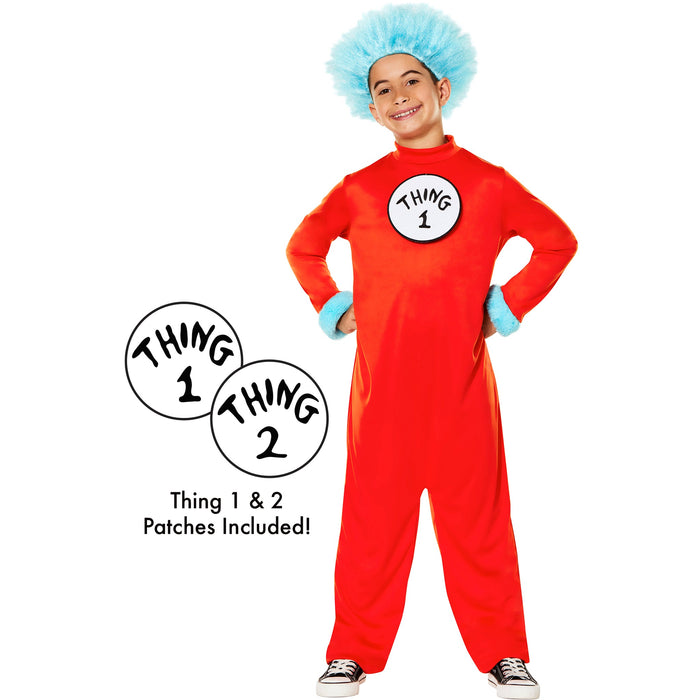 A boy wearing a Childs Dr. Seuss Thing 1 & 2 Costume.