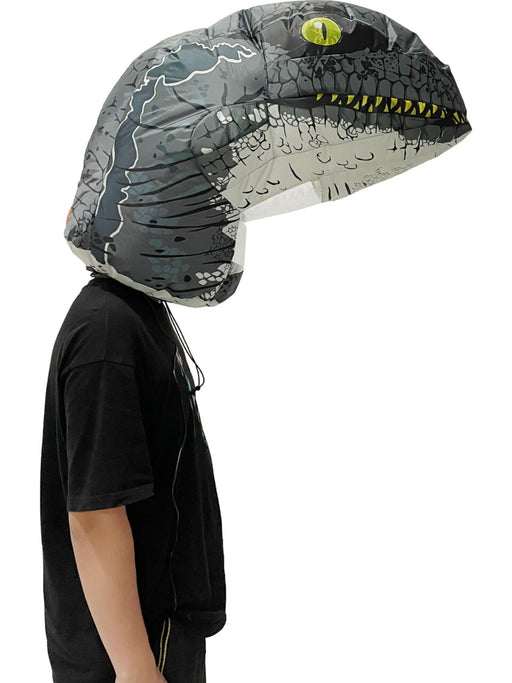 A person wearing an Inflatable Realistic Velociraptor Dinosaur Bobble Head Mask.