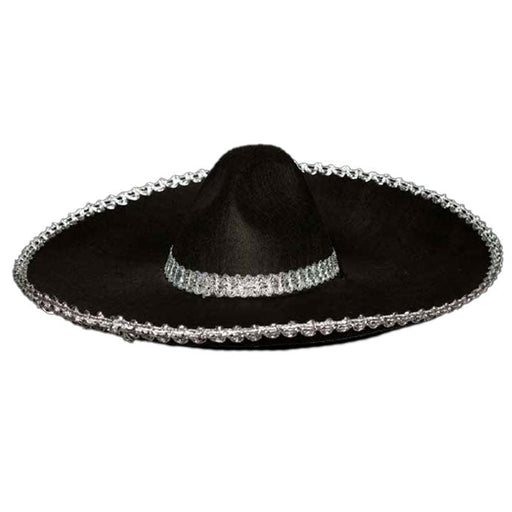 A Black Sombrero With Metallic Trim.