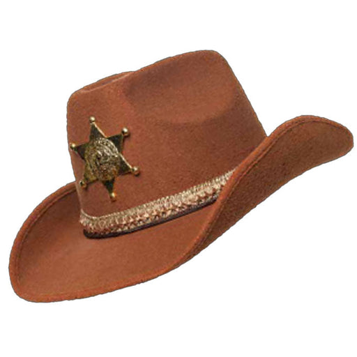 A brown sherrif cowboy hat.