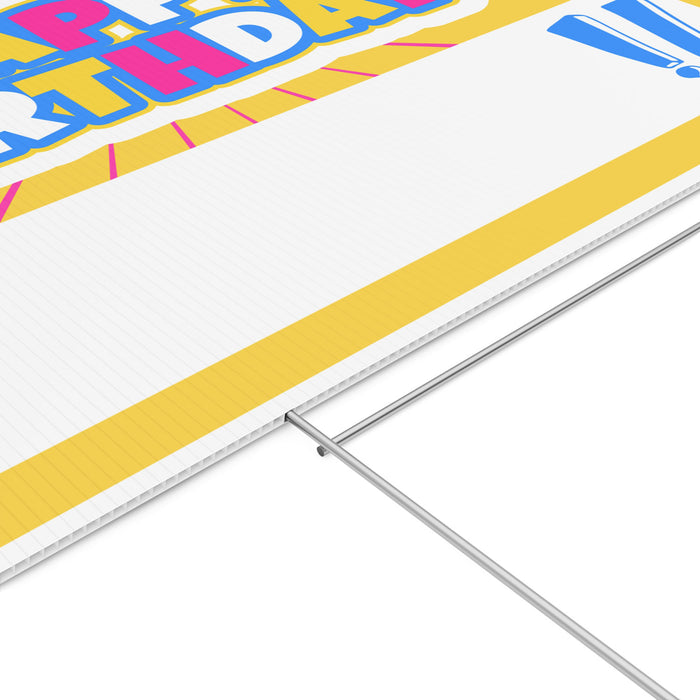 A 24 inch by 18 inch Happy Birthday Yellow Shine Yard Sign showing detail of the material and the installed H stake.