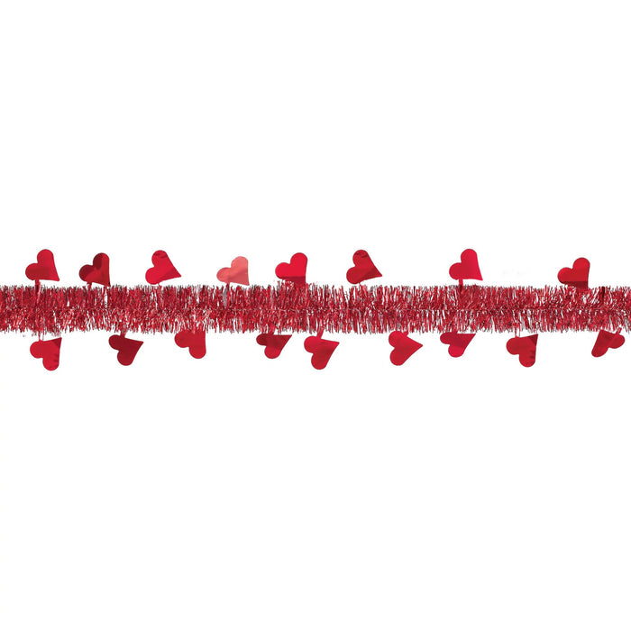 This Valentine's Day Tinsel Garland is a festive addition to any romantic celebration. Measuring 9 feet in length, it features a charming design of red hearts that will bring a touch of love and joy to any room. Perfect for decorating your home or event space, this garland is sure to spread the love this Valentine's Day.