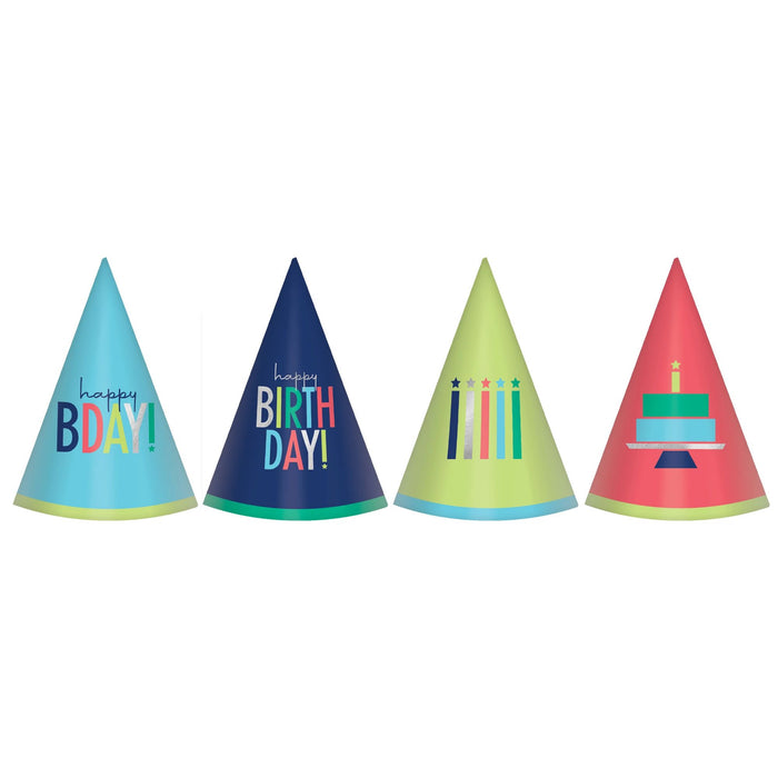 Modern Birthday Mini Foil Cone Hats, Assortment 4" | 12 ct