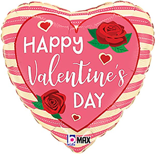 An 18-inch Valentine's Rose Stripes Heart Shaped Mylar Balloon.