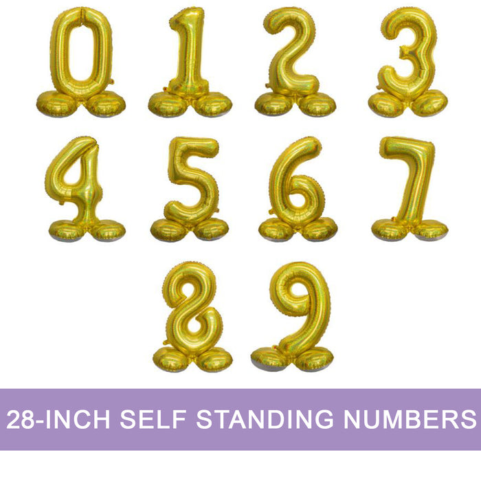 28-inch Air Filled Gold Number Self Standing Balloons. Showing numbers 0-9.