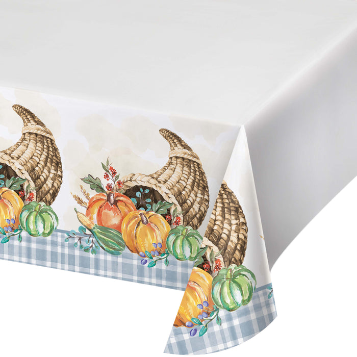 A 96" x 54" Thanksgiving Decadent Cornucopia Paper Border Table Cover.