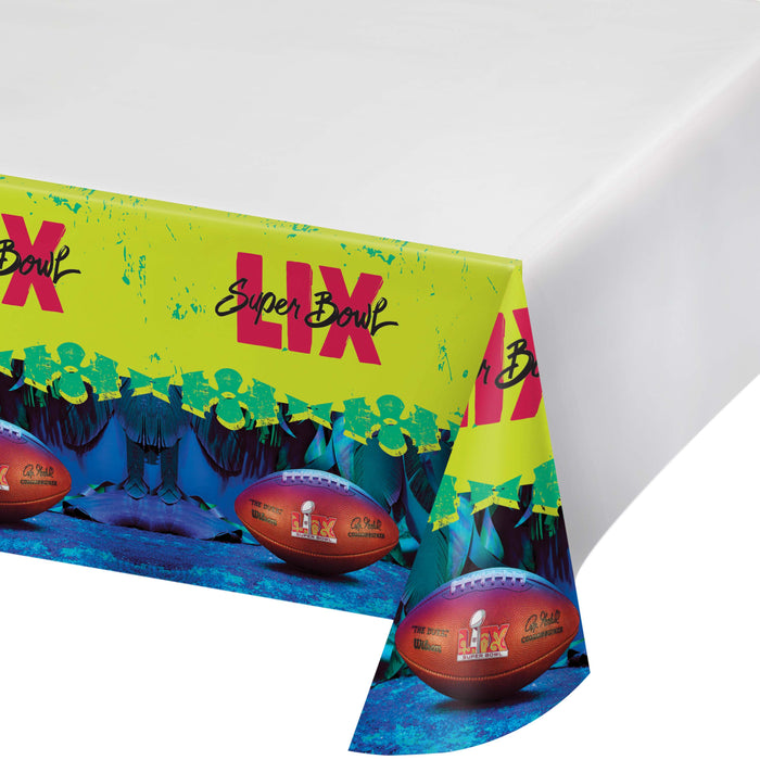 A 54"x102" Super Bowl LIX Plastic Tablecover.