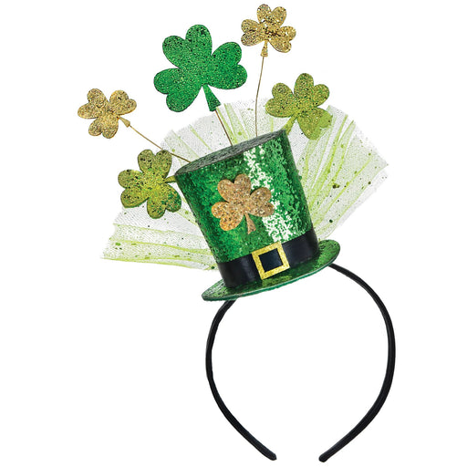 Celebrate St. Patrick's Day in style with our Shamrock Flower Tophat Headband! This 1ct accessory is the perfect addition to any festive outfit. With its charming shamrock design and comfortable fit, you'll be the life of the party while also showing off your holiday spirit.