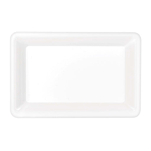 A white 9" x 14.25" Rectangular Plastic Platter.