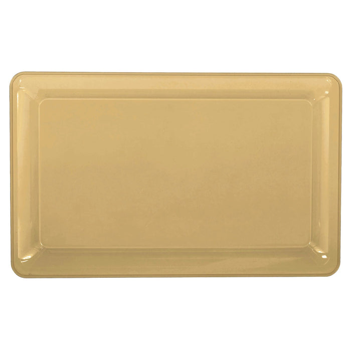 A gold 9" x 14.25" Rectangular Plastic Platter.