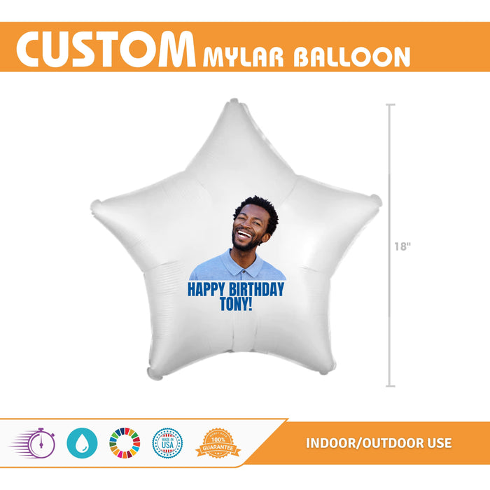 A sample Custom Image White Mylar Star Balloon with a photo and Happy Birthday message.