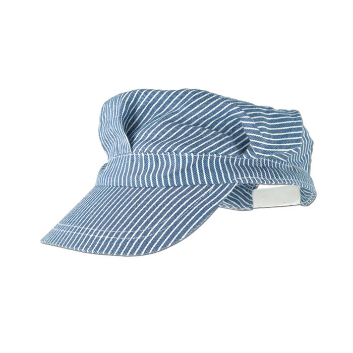 A Blue and white striped train engineer hat.