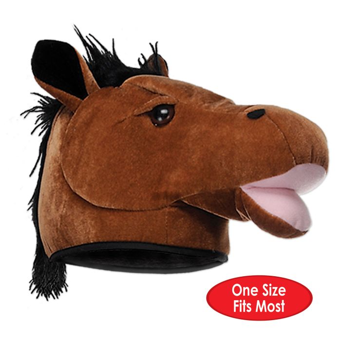 An image of a plush horse head hat with a graphic that reads One size fits most.