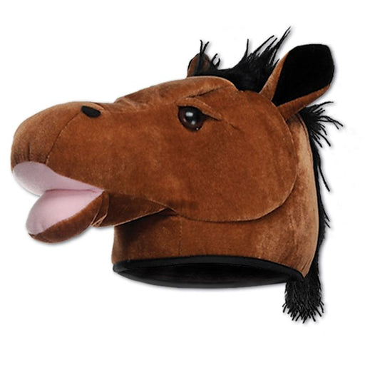 A 3d plush Horse head hat.