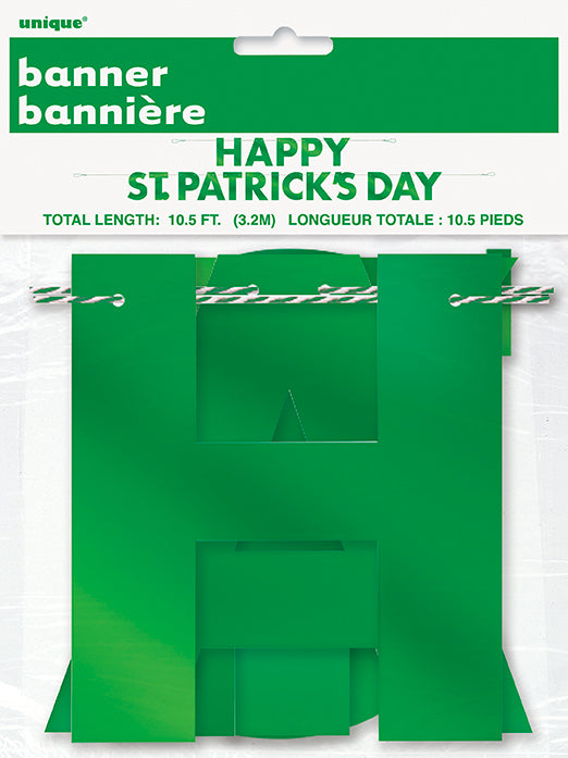 This St. Patrick's Day Banner is a perfect decoration for your upcoming celebration. Measuring 10.5 feet, it adds a festive touch to any room or outdoor space. Each set includes 2 banners, making it ideal for both indoor and outdoor use. Show off your Irish pride with this beautiful and durable banner.