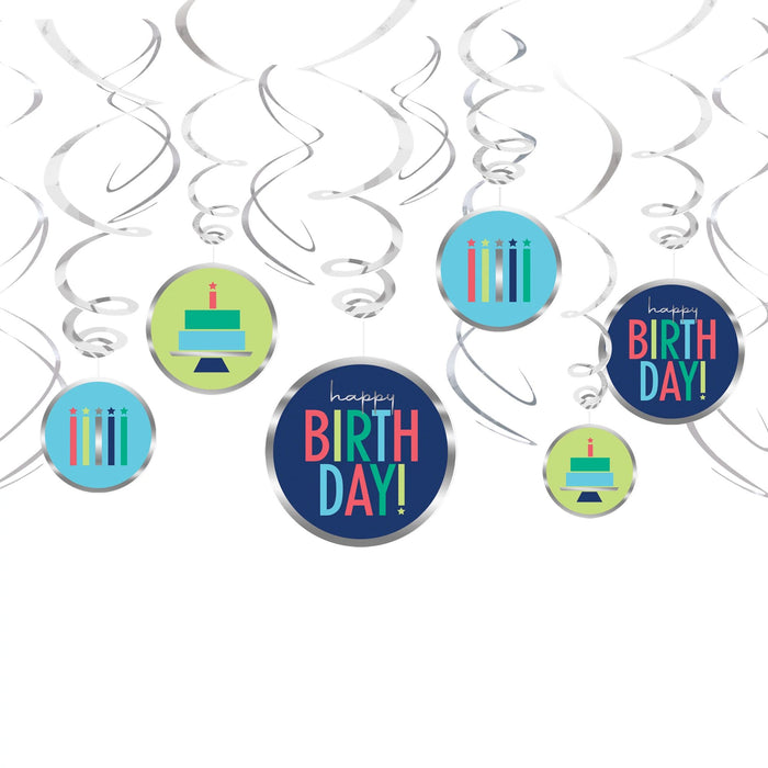 Modern Birthday Swirl Decorations | 12 ct