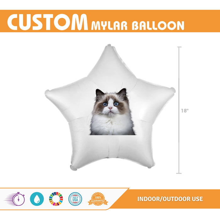 A sample Custom Image White Mylar Star Balloon with a sample cat image.