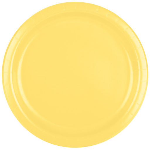 Add a pop of color to your next party or event with these 9" Light Yellow Round Lunch Paper Plates! Perfect for serving your party food on, these plates are both durable and vibrant. With 24 plates in each pack, you'll have plenty to go around. Party on!