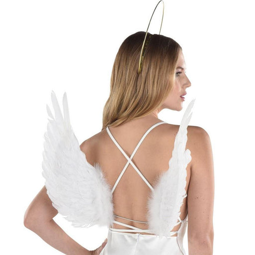 A women wearing some Adult White Feather Floating Angel Wings.