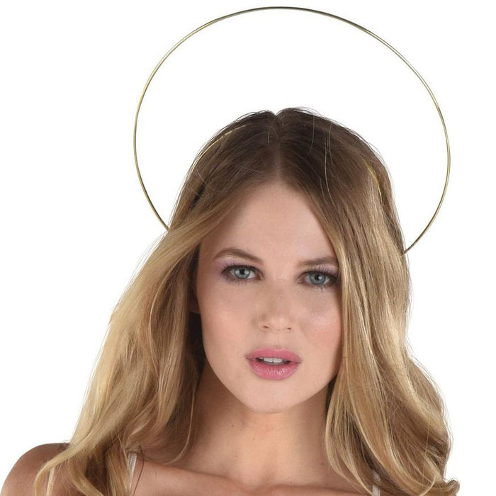 A women wearing a Adult Gold Floating Halo Metal Headband.