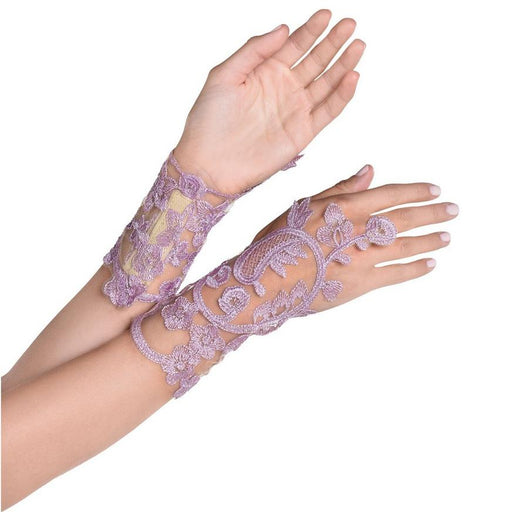 A women wearing a pair of Adult Fairy Lavender Floral Embroidery Glovelettes.