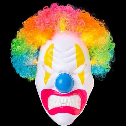 A Adult Neon Circus Light-Up Angry Clown Plastic Mask with Colorful Wig.