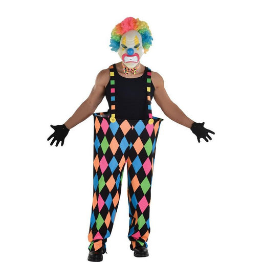 A man wearing Adult Oversized Glow-in-the-Dark Harlequin Clown Pants.