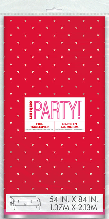 Valentine's Red W/Pink Hearts Foil Tablecover,  54"x84" | 1 ct