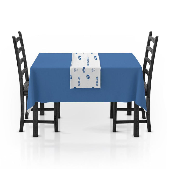 A BYU Vinyl Table Runner mocked up on a table.