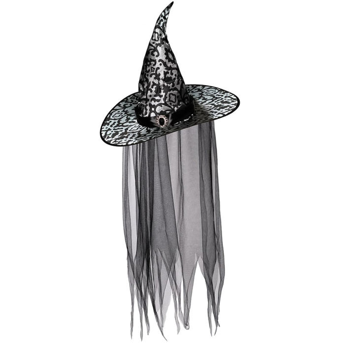 Bat Print Witch hat with Veil 17" | 1 ct