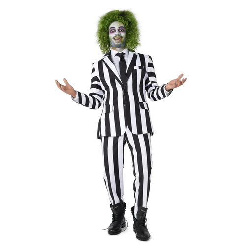 A man in a adult sized Beetlejuice™ Costume featuring this Adult Beetlejuice Suit.