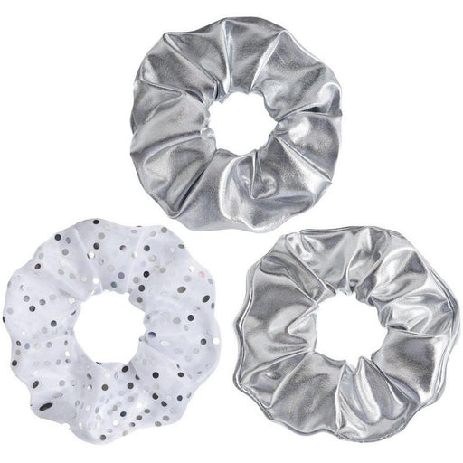 A 3 peice pack of Silver Scrunchies.