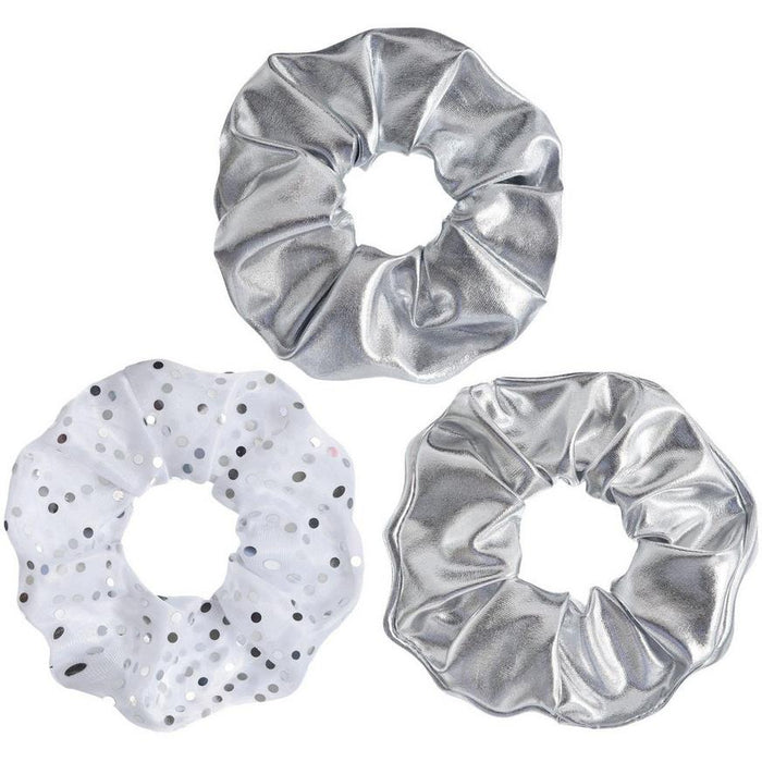 A 3 peice pack of Silver Scrunchies.