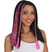 A model wearing a 3 peice pack of Pink Tinsel Hair Extensions.