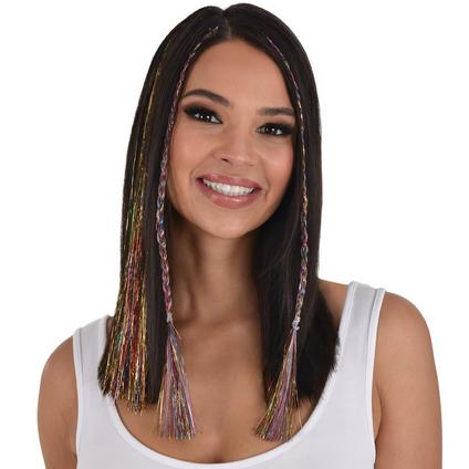 A model wearing a 3 peice pack of Pink Tinsel Hair Extensions.