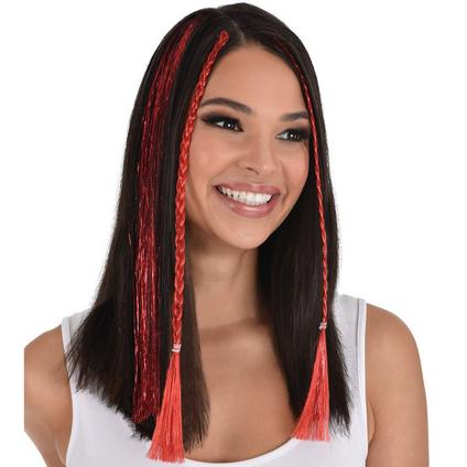 A model wearing a 3 peice pack of Red Tinsel Hair Extensions.