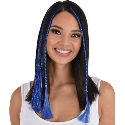 A model wearing a 3 peice pack of Blue Tinsel Hair Extensions.