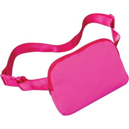 A 7.5 inch long by 5inch wide pink belt bag.