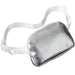 A 7.5 inch long by 5inch wide silver belt bag.