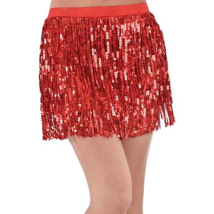 A model wearing a Adult Red Sparkle Sequin Skirt. 