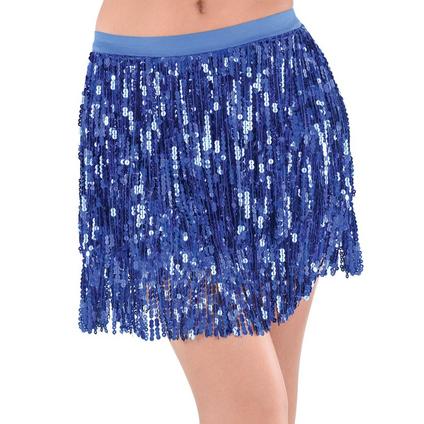 A model wearing a Adult Blue Sparkle Sequin Skirt. 