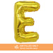 A 16-inchAir Filled Gold Mylar Letter Balloon in the letter E.