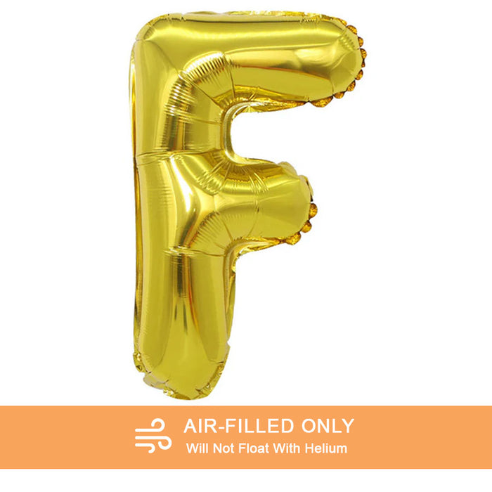 A 16-inchAir Filled Gold Mylar Letter Balloon in the letter F.