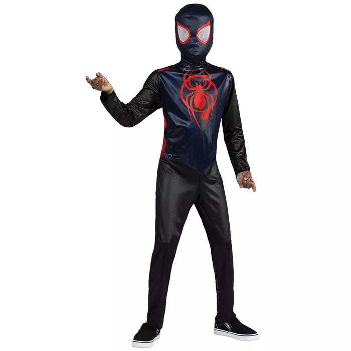 A boy wearing a Childs Miles Morales Spider-Man Costume.