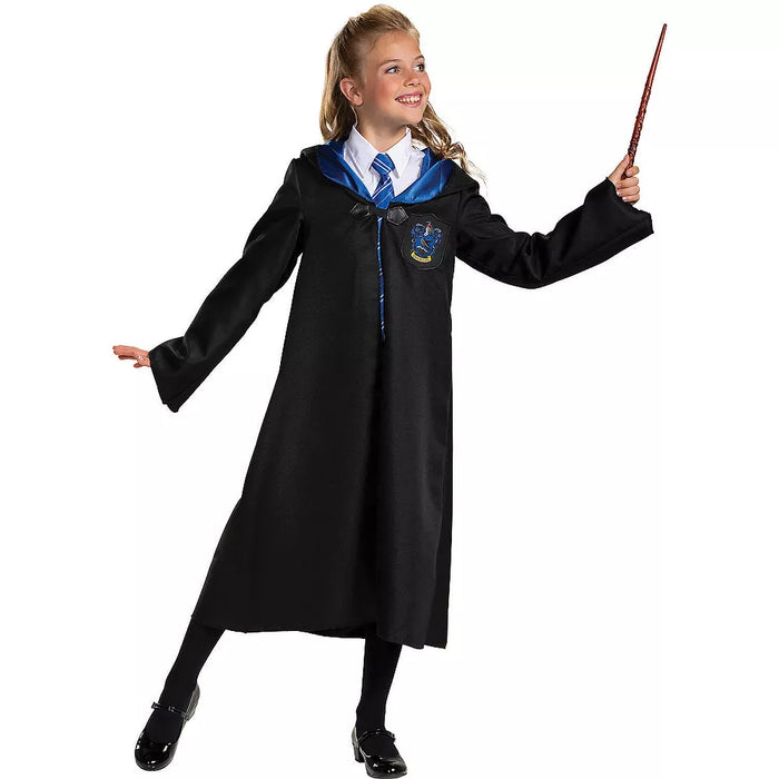 Represent your Hogwarts House and carry on Rowena Ravenclaw's legacy dressed in this Deluxe Robe. Features a black robe with Ravenclaw crest and blue satin lined hood and lapels.