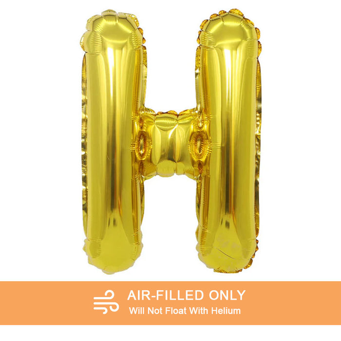 A 16-inchAir Filled Gold Mylar Letter Balloon in the letter H.