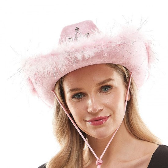 A women wearing a Light-up pink Cowboy hat.