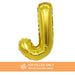 A 16-inchAir Filled Gold Mylar Letter Balloon in the letter J.