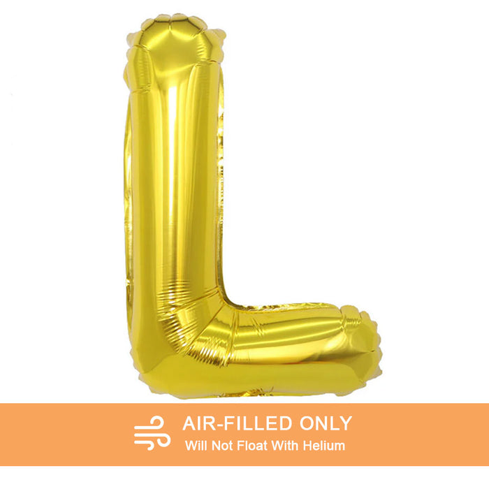 A 16-inchAir Filled Gold Mylar Letter Balloon in the letter L.