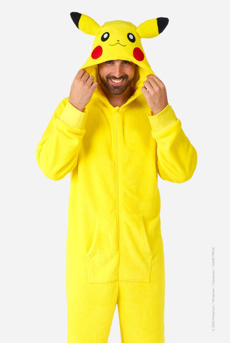 A man wearing an Adult Pokémon Pikachu Onsie Costume.